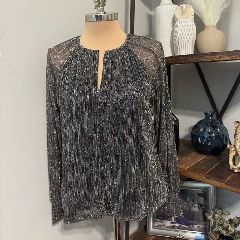 SANCTUARY Silver Metallic Long Sleeve V-Neck Silver Black Top Blouse Size SMALL